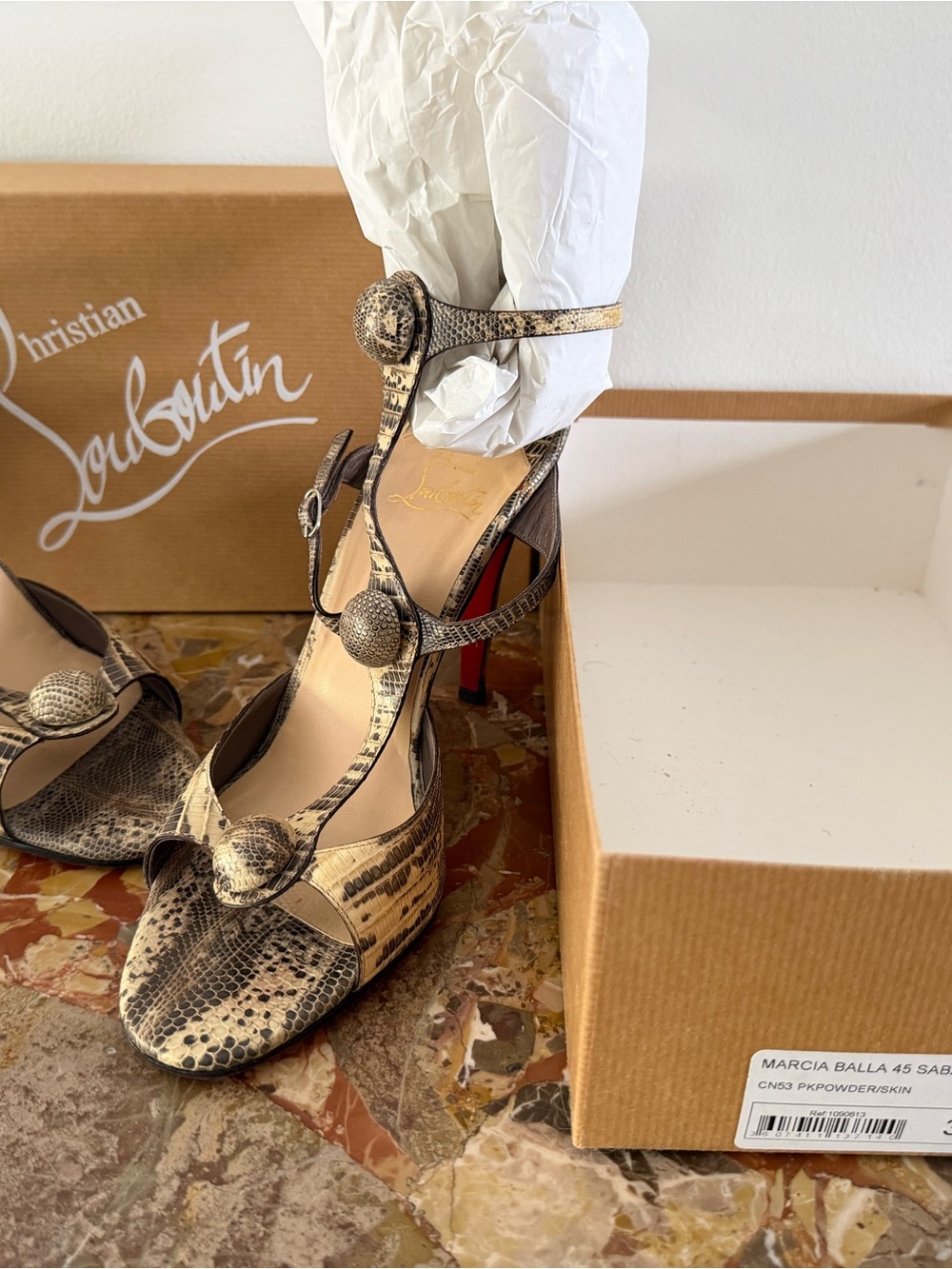 Christian Louboutin Snake-Print Marcia Balla Sandals in Beige and Black